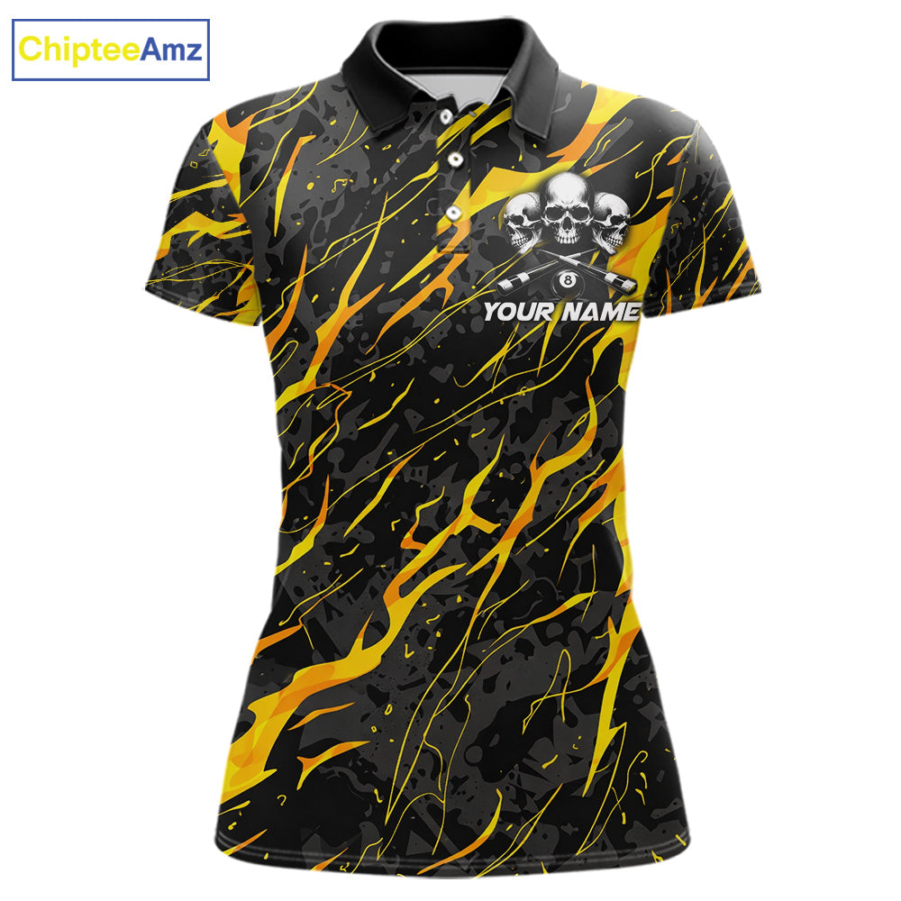Yellow Black 8 Ball Skull Lightning Splash Billiard Shirt For Women Custom Pool Jersey Polo, 1/4 Zip TDM5892