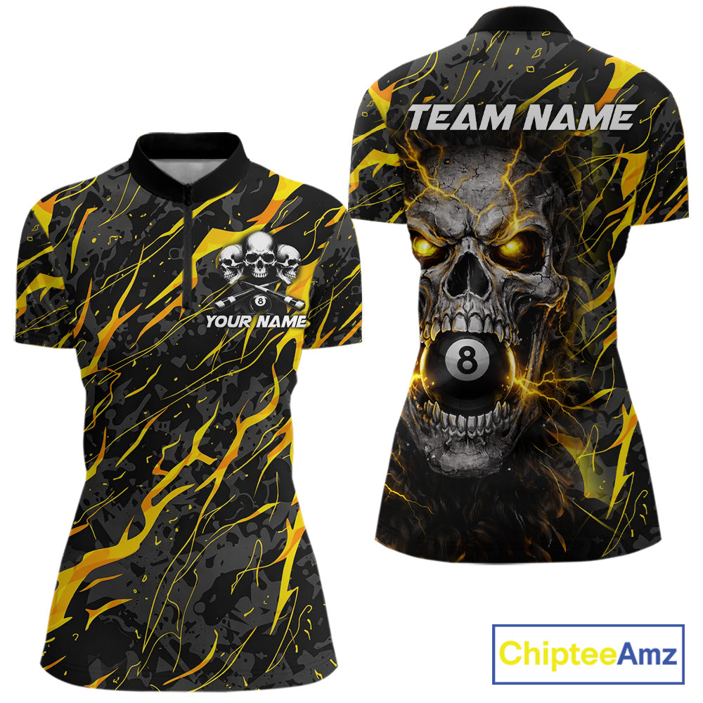 Yellow Black 8 Ball Skull Lightning Splash Billiard Shirt For Women Custom Pool Jersey Polo, 1/4 Zip TDM5892