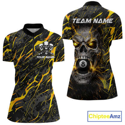Yellow Black 8 Ball Skull Lightning Splash Billiard Shirt For Women Custom Pool Jersey Polo, 1/4 Zip TDM5892