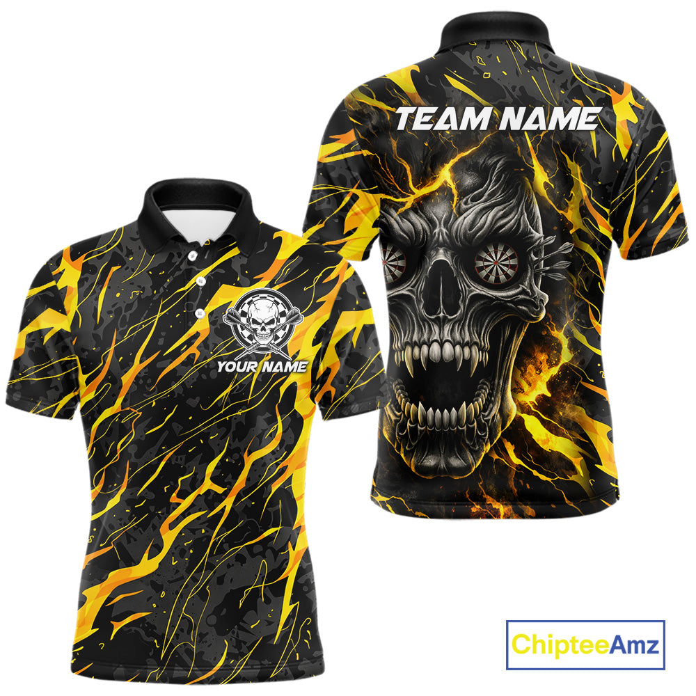 Black Yellow Skull Lightning Splash Darts Shirt For Men Custom Darts Jersey Team Polo & 1/4 Zip TDM5893