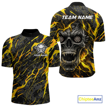 Black Yellow Skull Lightning Splash Darts Shirt For Men Custom Darts Jersey Team Polo & 1/4 Zip TDM5893