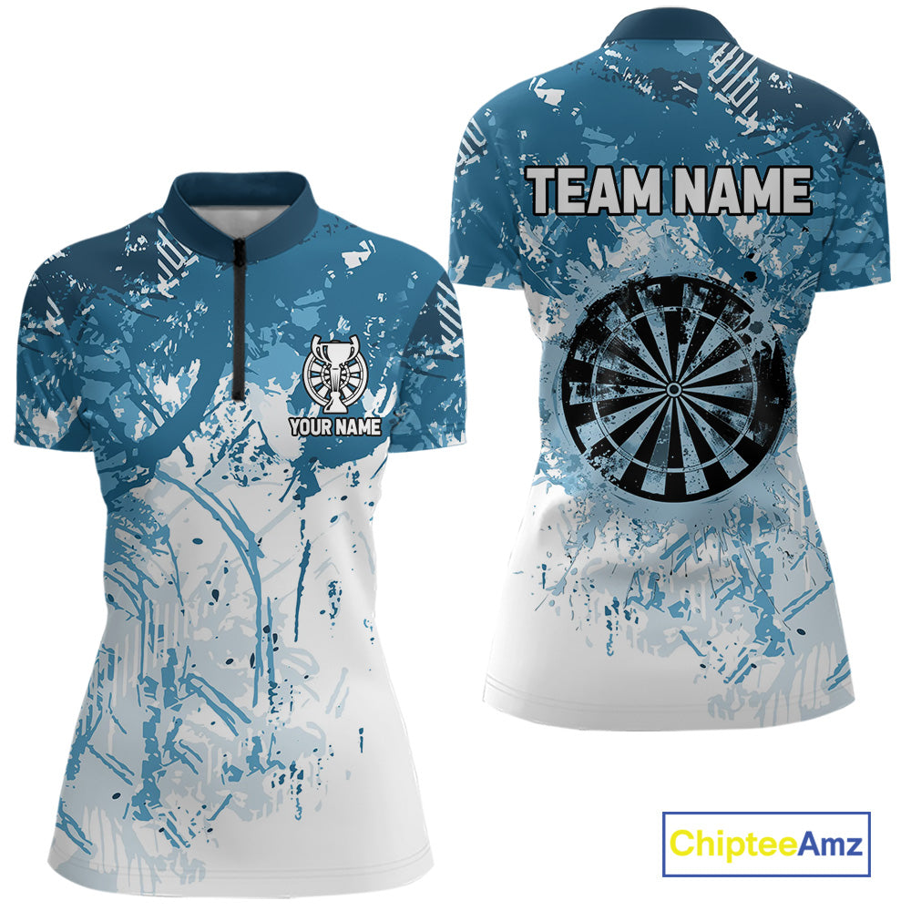 Personalized Blue Grunge Darts Jerseys For Women Custom Darts Team Shirts Polo & Quarter Zip TDM5895