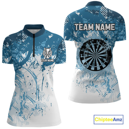 Personalized Blue Grunge Darts Jerseys For Women Custom Darts Team Shirts Polo & Quarter Zip TDM5895