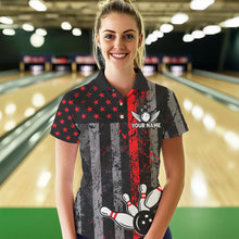 Load image into Gallery viewer, Red And Black Grunge American Flag Patriotic Bowling Shirts For Women Custom Bowling Team Jerseys TDM3696