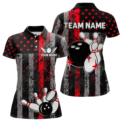 Red And Black Grunge American Flag Patriotic Bowling Shirts For Women Custom Bowling Team Jerseys TDM3696