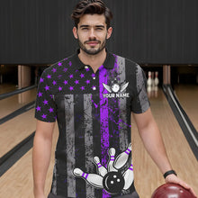 Load image into Gallery viewer, Purple And Black Grunge American Flag Patriotic Bowling Shirts For Men Custom Bowling Team Jerseys TDM3697