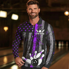Load image into Gallery viewer, Purple And Black Grunge American Flag Patriotic Bowling Shirts For Men Custom Bowling Team Jerseys TDM3697