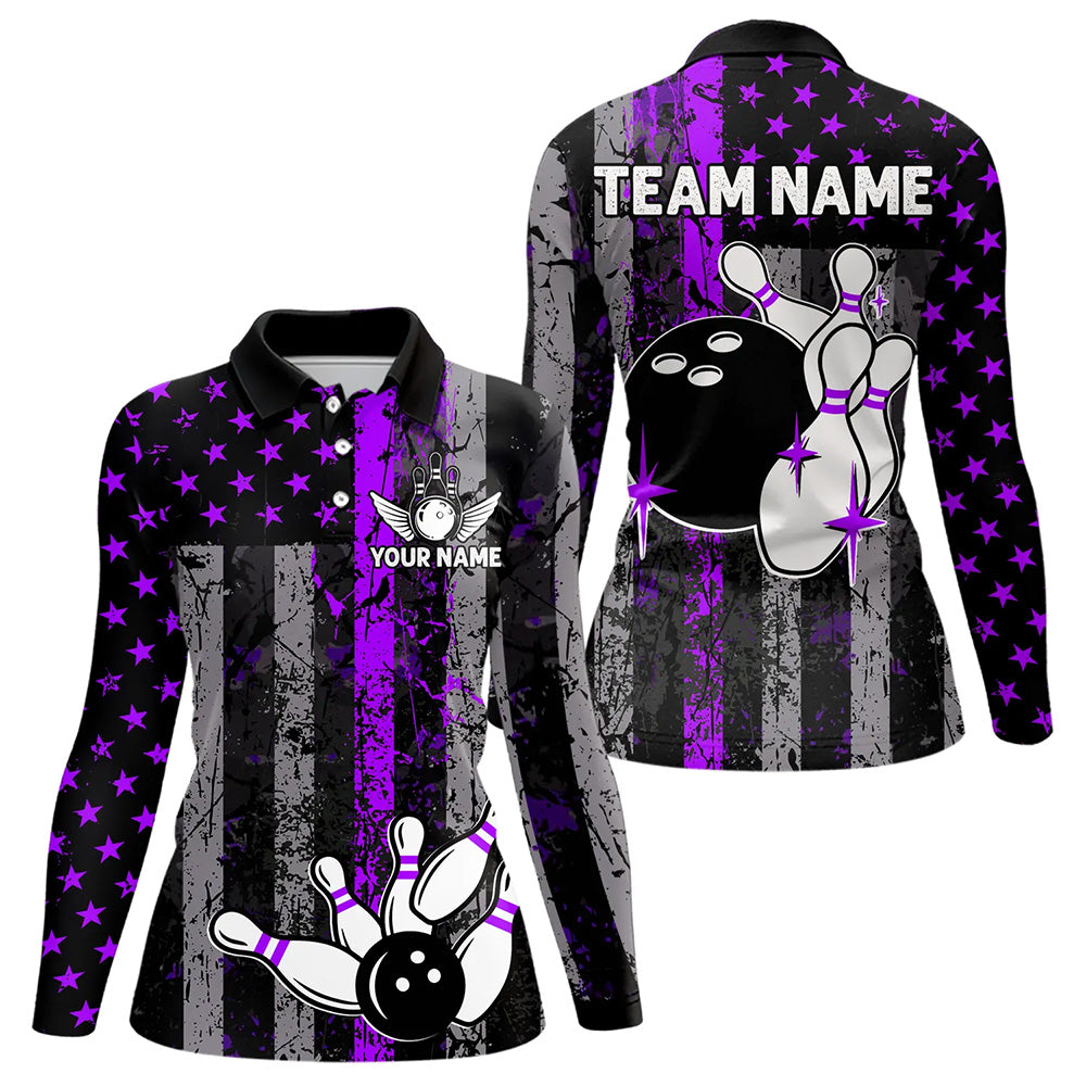 Purple And Black Grunge American Flag Patriotic Bowling Shirts For Women Custom Bowling Team Jerseys TDM3697