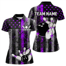 Load image into Gallery viewer, Purple And Black Grunge American Flag Patriotic Bowling Shirts For Women Custom Bowling Team Jerseys TDM3697