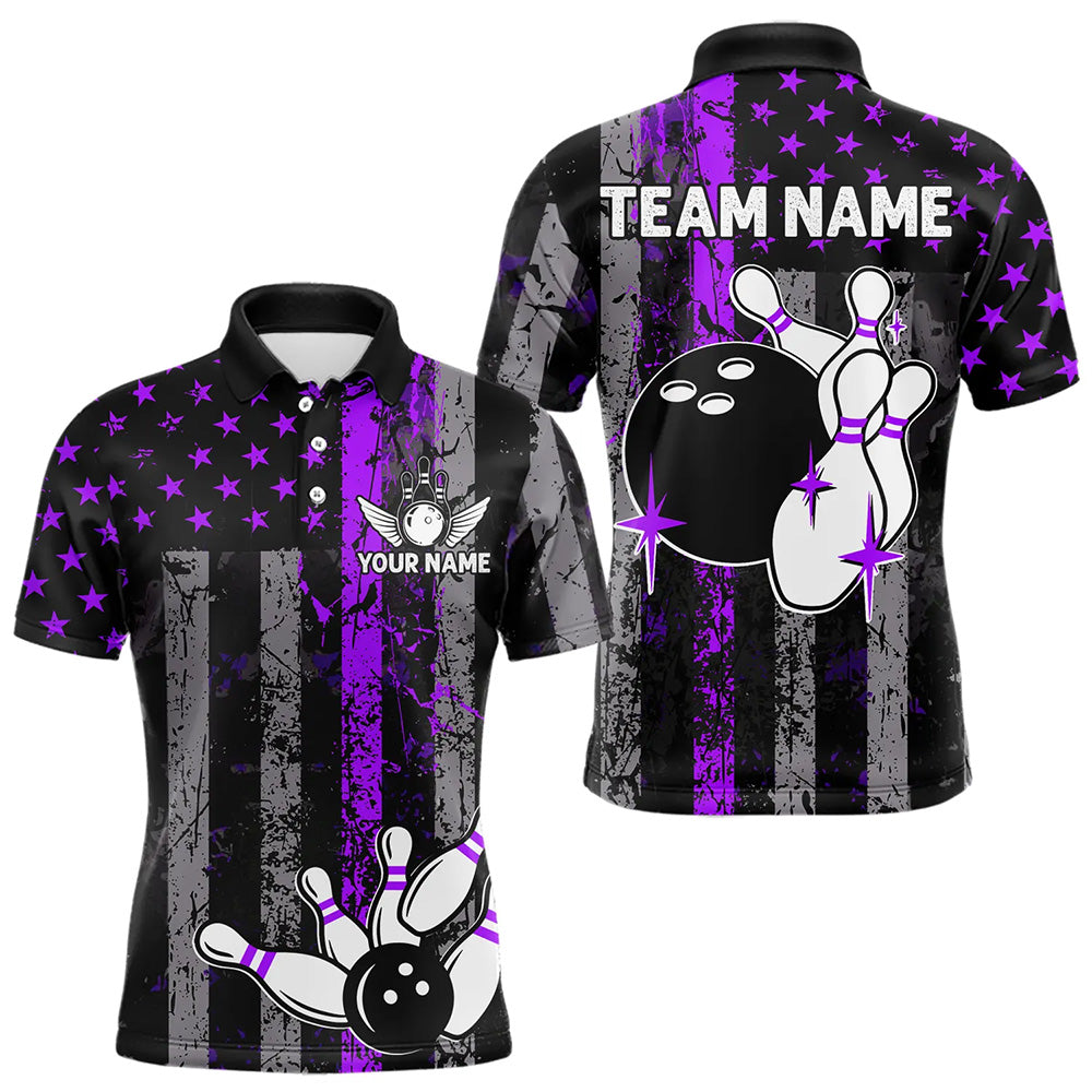 Purple And Black Grunge American Flag Patriotic Bowling Shirts For Men Custom Bowling Team Jerseys TDM3697
