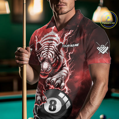 Red 8 Ball Thunder Lightning Tiger Billiard Shirt For Men Custom Pool Team Jersey Polo, 1/4 Zip TDM6037