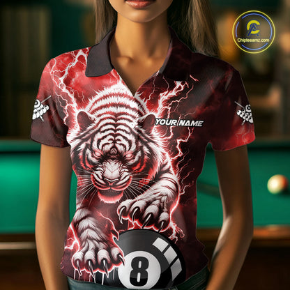 Red 8 Ball Thunder Lightning Tiger Billiard Shirt For Women Custom Pool Team Jersey Polo, 1/4 Zip TDM6037