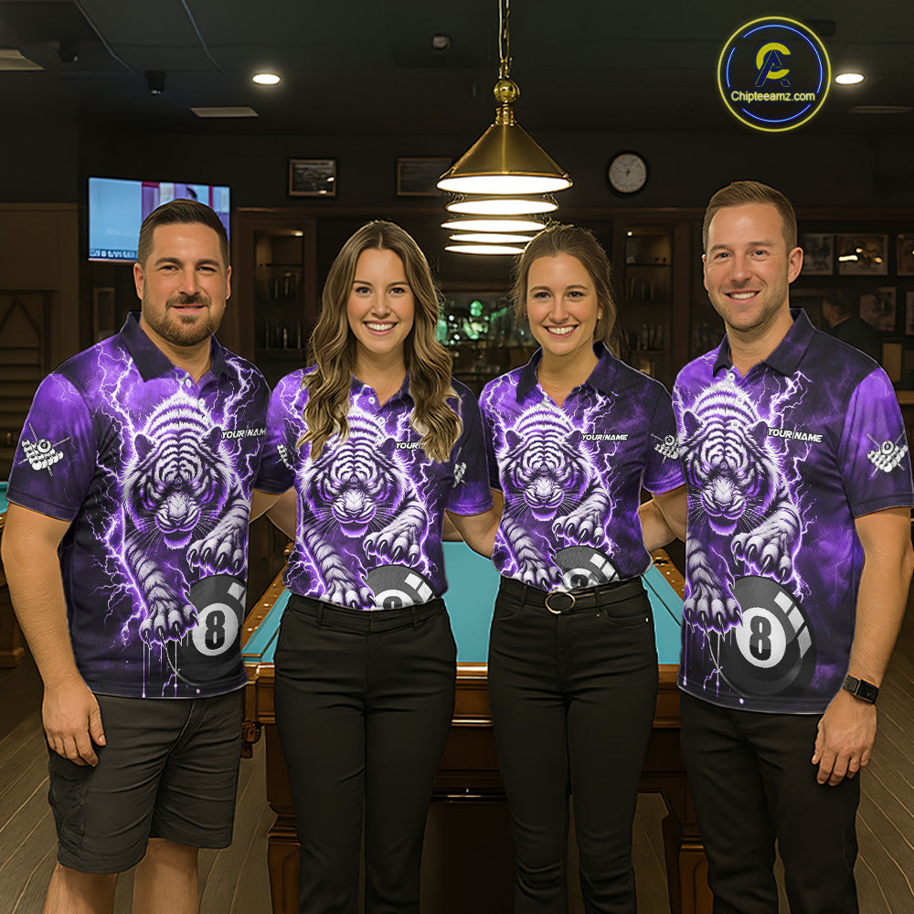 Purple 8 Ball Thunder Lightning Tiger Billiard Shirt For Women Custom Pool Team Jersey Polo, 1/4 Zip TDM6038