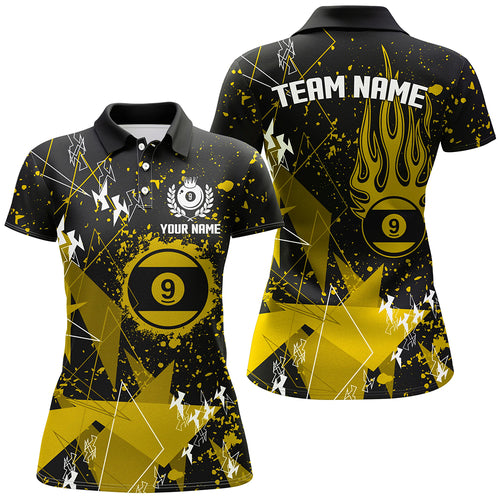 Personalized Yellow Grunge 9 Ball Billiard Women Polo Shirts, Custom Billiard Jersey For Pool Player TDM1411