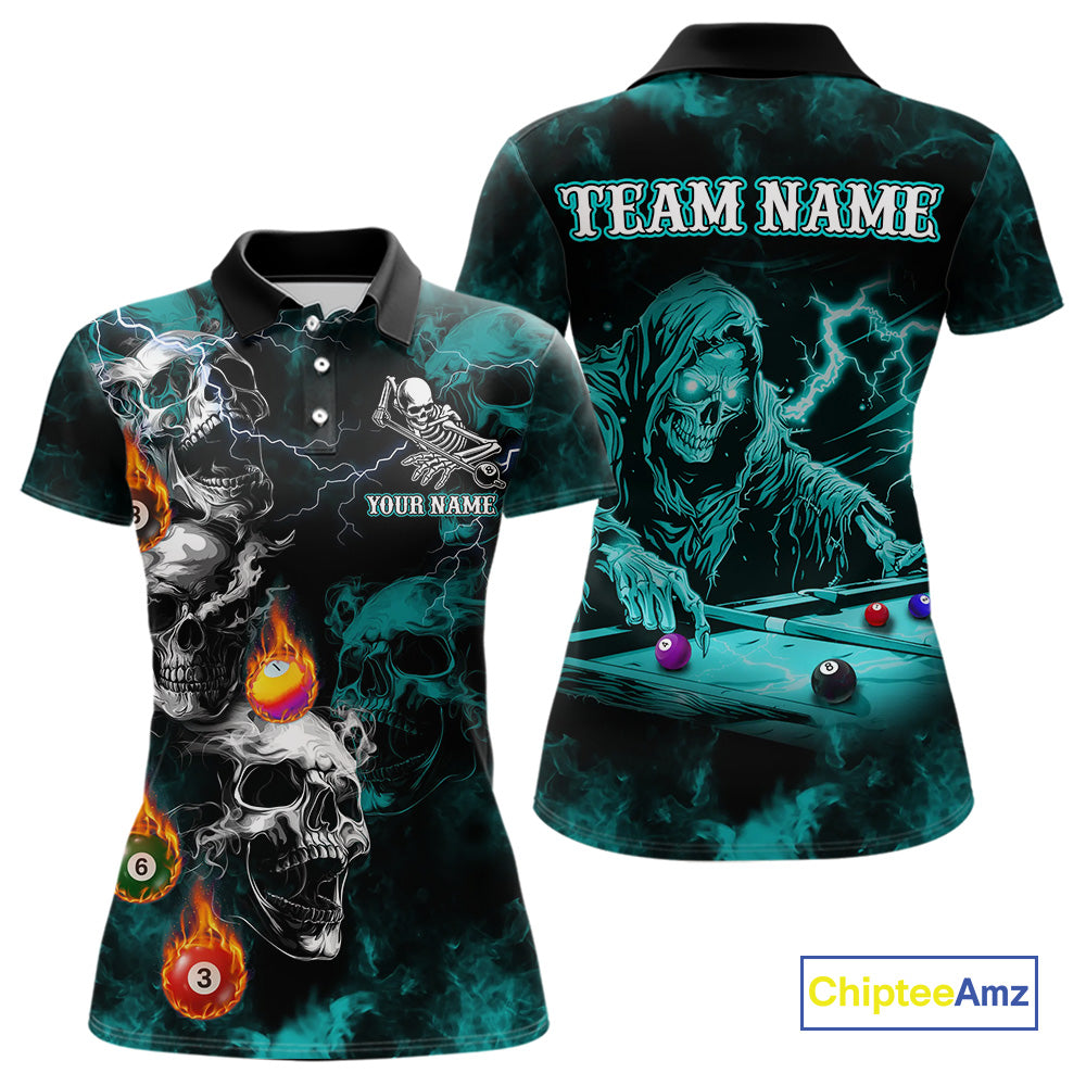 Personalized Turquoise Smoke Skull Billiard Shirts For Women Custom Death Skeleton Billiard Jerseys TDM3871