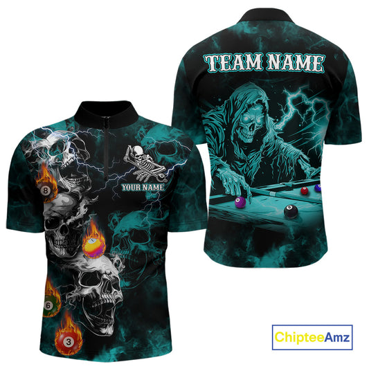 Personalized Turquoise Smoke Skull Billiard Shirts For Men Custom Grim Reaper Billiard Jerseys TDM3871