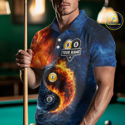 Personalized Water And Fire 8 Ball & 9 Ball Billiard Shirt For Men, Pool Team Jersey Polo & 1/4 Zip TDM6297