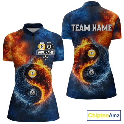 Personalized Water And Fire 8 Ball & 9 Ball Billiard Shirt For Women, Pool Team Jersey Polo & 1/4 Zip TDM6297