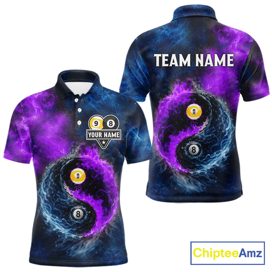 Custom Blue Purple Water Fire Billiard Shirt For Men, 8 Ball & 9 Ball Pool Jersey Polo & 1/4 Zip TDM6298
