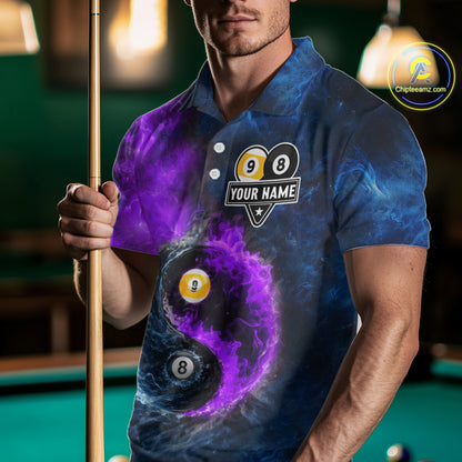 Custom Blue Purple Water Fire Billiard Shirt For Men, 8 Ball & 9 Ball Pool Jersey Polo & 1/4 Zip TDM6298