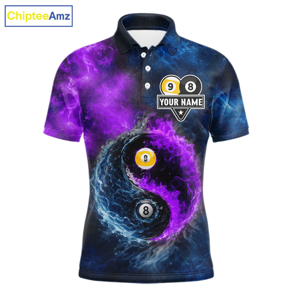 Custom Blue Purple Water Fire Billiard Shirt For Men, 8 Ball & 9 Ball Pool Jersey Polo & 1/4 Zip TDM6298