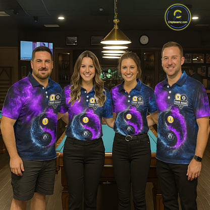 Custom Blue Purple Water Fire Billiard Shirt For Men, 8 Ball & 9 Ball Pool Jersey Polo & 1/4 Zip TDM6298