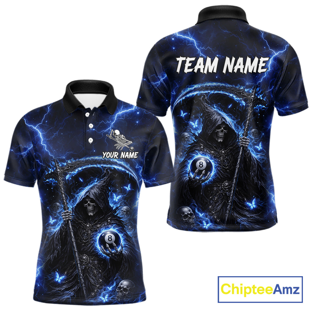 Blue 8 Ball Pool Grim Reaper Billiard Shirt For Men Custom Billiard Team Jersey Polo & 1/4 Zip TDM6300
