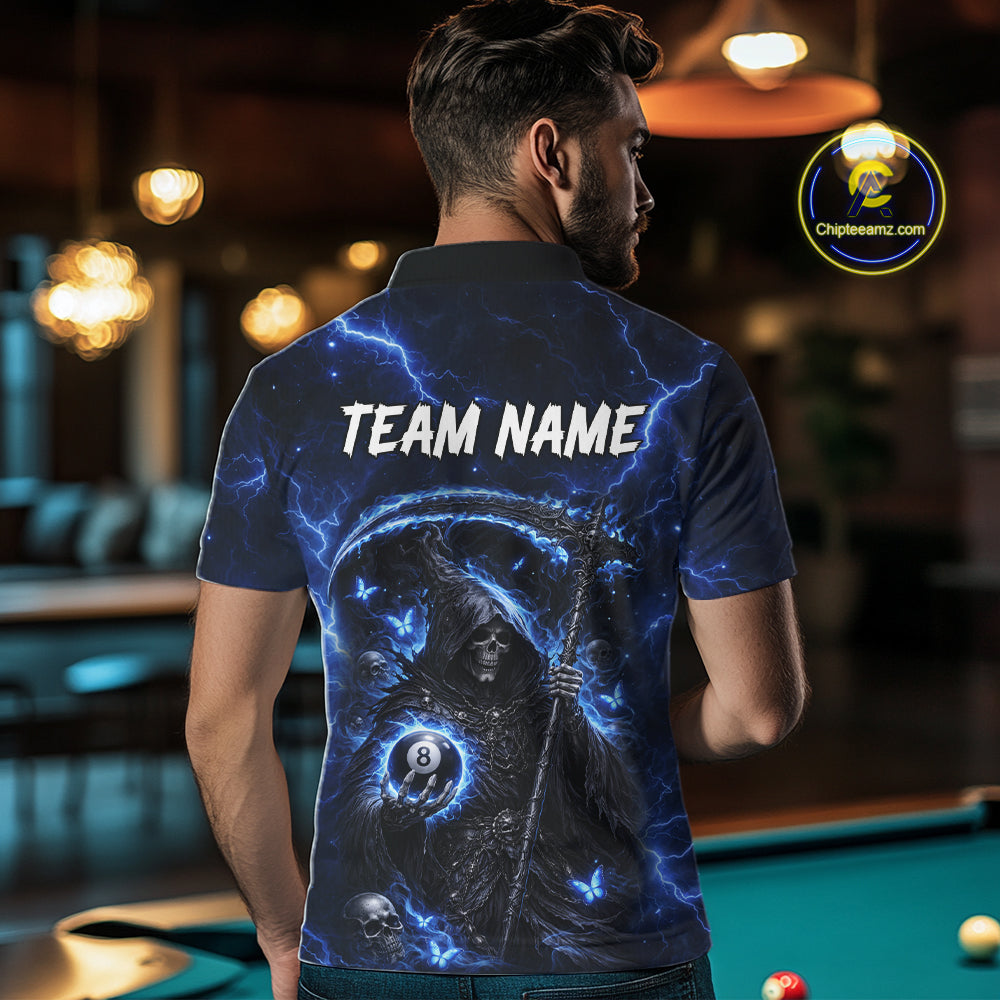 Blue 8 Ball Pool Grim Reaper Billiard Shirt For Men Custom Billiard Team Jersey Polo & 1/4 Zip TDM6300
