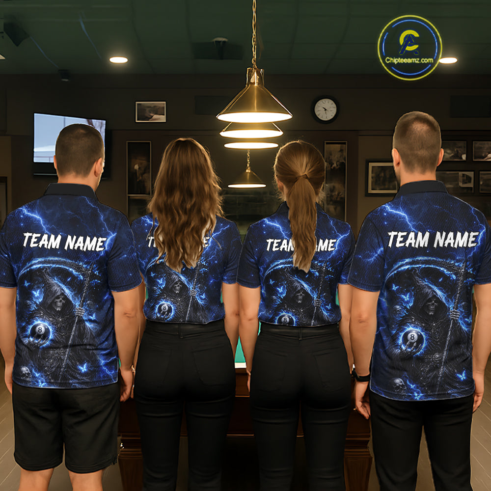 Blue 8 Ball Pool Grim Reaper Billiard Shirt For Men Custom Billiard Team Jersey Polo & 1/4 Zip TDM6300