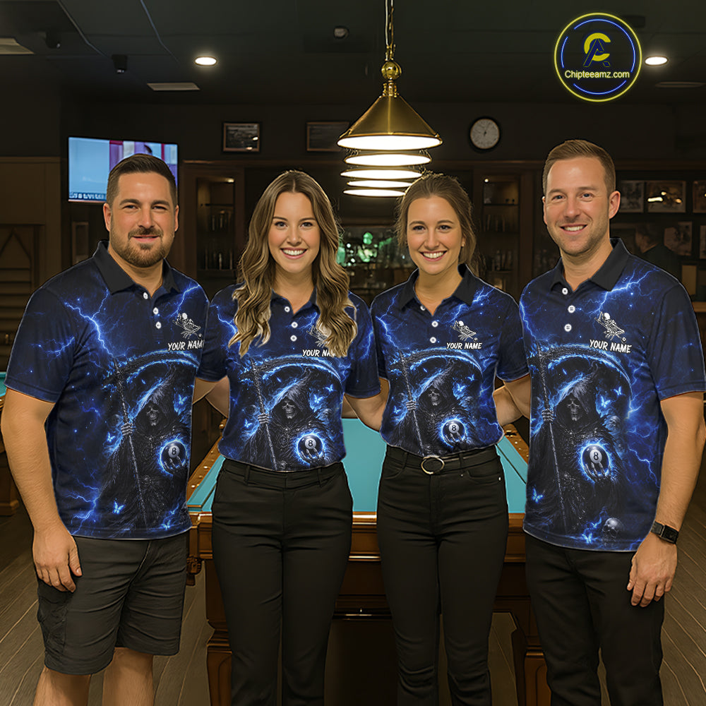 Blue 8 Ball Pool Grim Reaper Billiard Shirt For Men Custom Billiard Team Jersey Polo & 1/4 Zip TDM6300