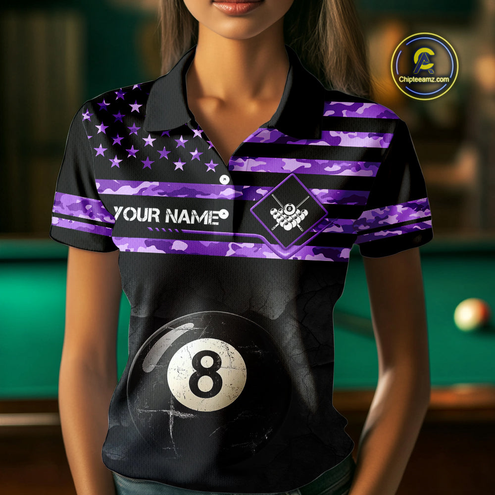 Customized Retro 8 Ball Pool Purple Camo US Flag Billiard Shirt For Women, Patriotic Billiard Jersey TDM4331