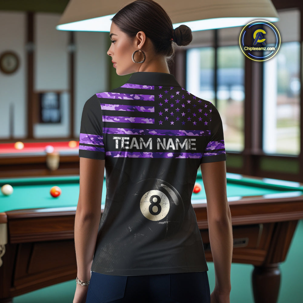 Customized Retro 8 Ball Pool Purple Camo US Flag Billiard Shirt For Women, Patriotic Billiard Jersey TDM4331