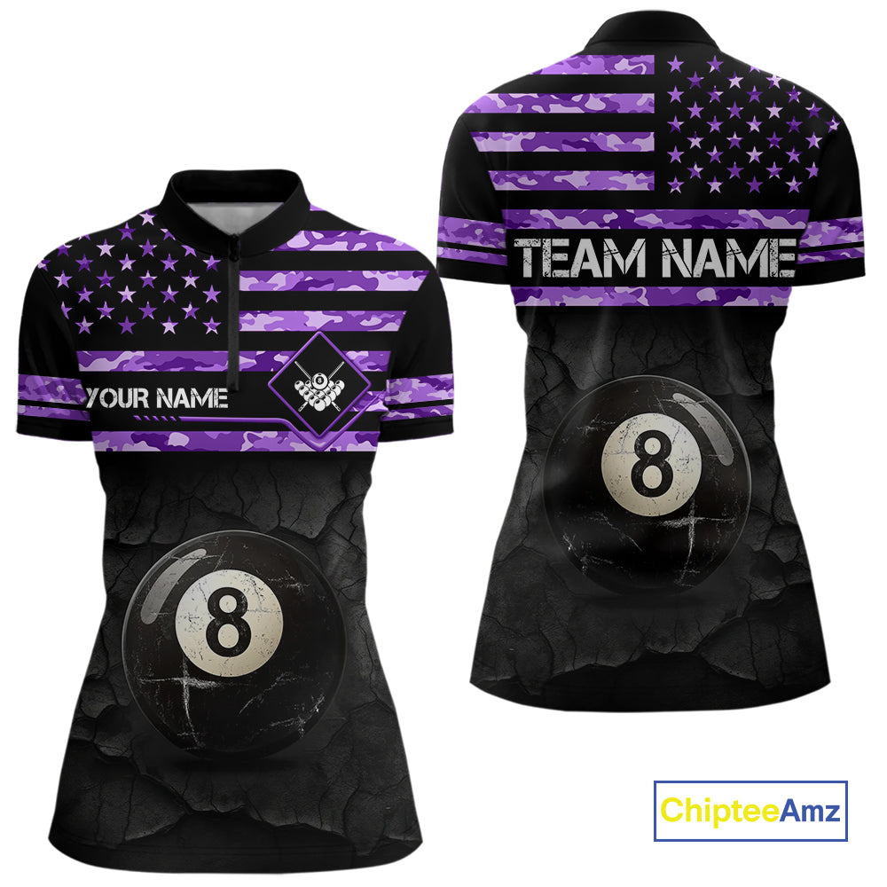 Customized Retro 8 Ball Pool Purple Camo US Flag Billiard Shirt For Women, Patriotic Billiard Jersey TDM4331