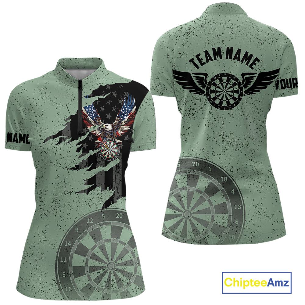 Eagle Retro American Flag Patriotic Darts Shirts For Women Custom Darts League Team Jersey | Green TDM7191