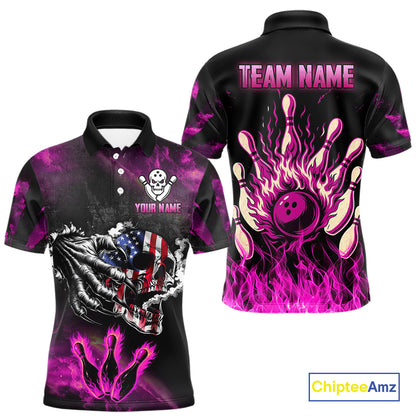 Pink Flaming American Flag Skull Bowling Shirt For Men Custom Fire Bowling Team Jersey TDM4751