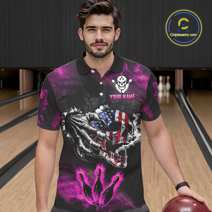Pink Flaming American Flag Skull Bowling Shirt For Men Custom Fire Bowling Team Jersey TDM4751