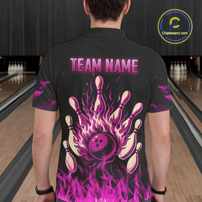 Pink Flaming American Flag Skull Bowling Shirt For Men Custom Fire Bowling Team Jersey TDM4751