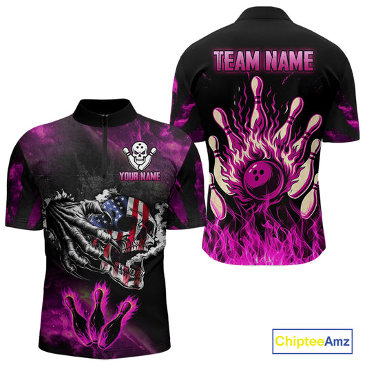 Pink Flaming American Flag Skull Bowling Shirt For Men Custom Fire Bowling Team Jersey TDM4751