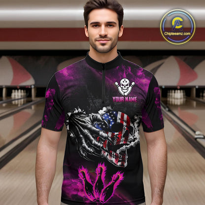 Pink Flaming American Flag Skull Bowling Shirt For Men Custom Fire Bowling Team Jersey TDM4751