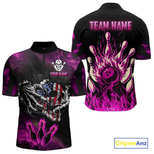Pink Flaming American Flag Skull Bowling Shirt For Men Custom Fire Bowling Team Jersey TDM4751