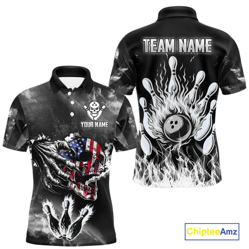 Black And White Flaming American Flag Skull Bowling Shirt For Men Custom Fire Bowling Team Jersey TDM4752