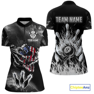 Black And White Flaming American Flag Skull Bowling Shirt For Women Custom Fire Bowling Team Jersey TDM4752