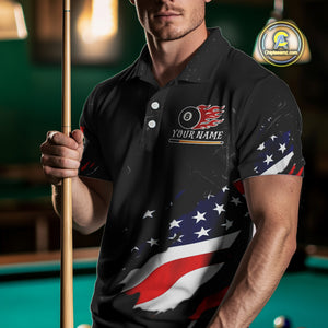 Personalized Black Grunge American Flag Billiard Shirt For Men Custom Patriotic 8 Ball Pool Jersey TDM4757