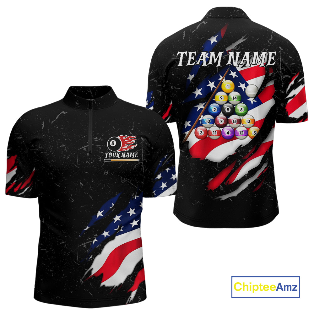 Personalized Black Grunge American Flag Billiard Shirt For Men Custom Patriotic 8 Ball Pool Jersey TDM4757