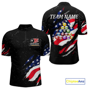 Personalized Black Grunge American Flag Billiard Shirt For Men Custom Patriotic 8 Ball Pool Jersey TDM4757