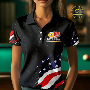 Personalized Patriotic 9 Ball Billiard Shirt For Women Custom Black Grunge American Flag Pool Jersey TDM4758