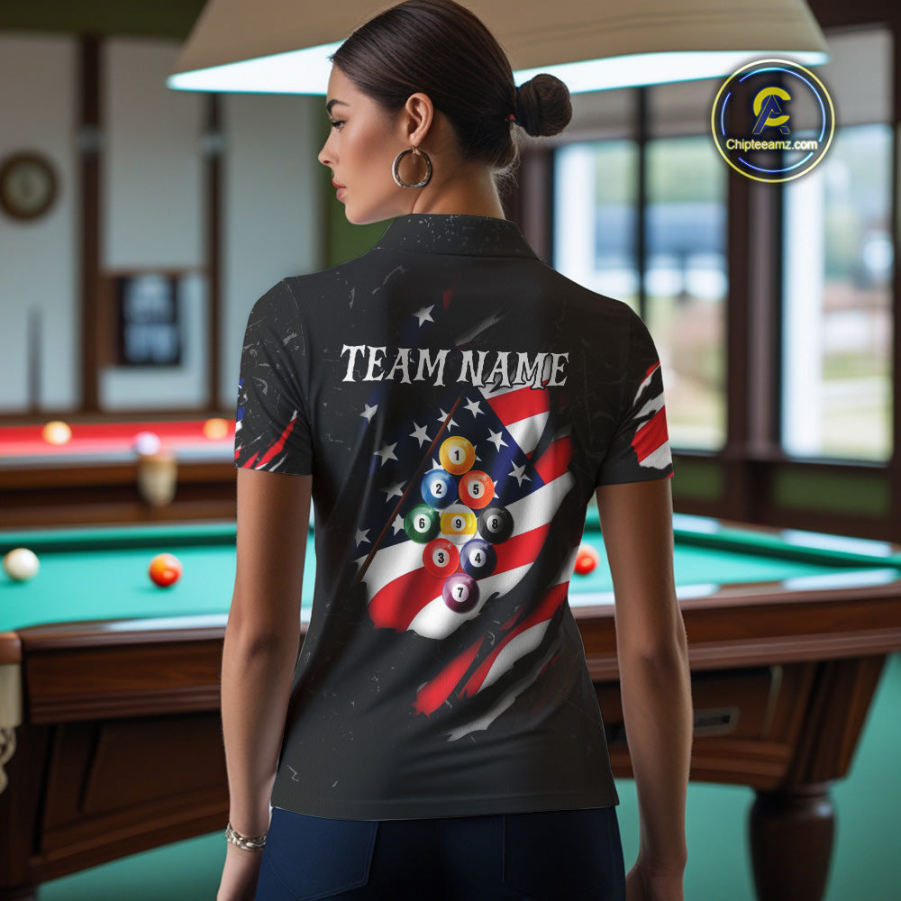 Personalized Patriotic 9 Ball Billiard Shirt For Women Custom Black Grunge American Flag Pool Jersey TDM4758