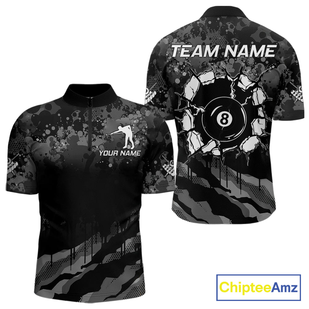 Personalized Grunge Camo Billiard Shirts For Men, 8 Ball Pool Team Jersey Polo & 1/4 Zip TDM5903