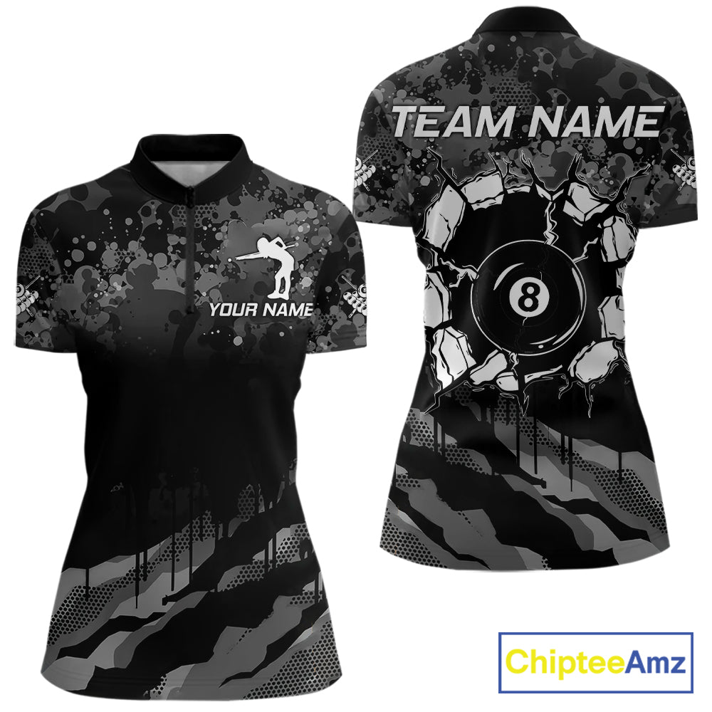Personalized Grunge Camo Billiard Shirts For Women, 8 Ball Pool Team Jersey Polo & 1/4 Zip TDM5903