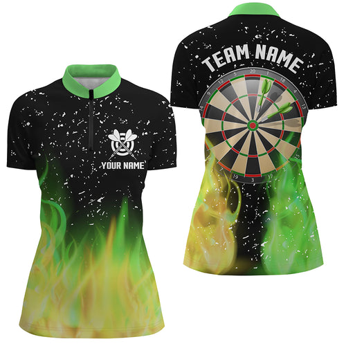 Green And Yellow Fire Dartboard Women Darts Quarter-Zip Shirts Custom Dart Jerseys For Team TDM1211
